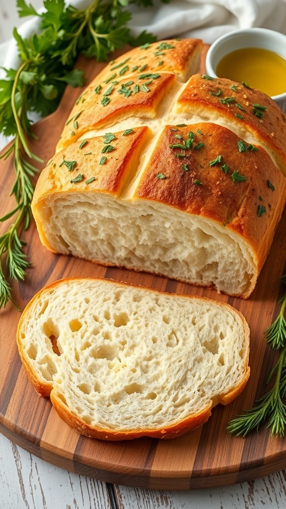 A loaf of Flour Garden Bread with a golden crust and fresh herbs on top, sliced to show its fluffy texture, on a wooden board.